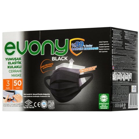 KORUYUCU 50Lİ EVONY MASKE 3KATLI SİYAH 1*40