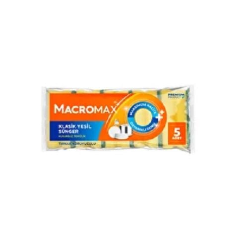 MACROMAX BULAŞIK SÜNGERİ KLASİK YEŞİL 5'Lİ TIRNAK KORUYUCU 2025244 1*12