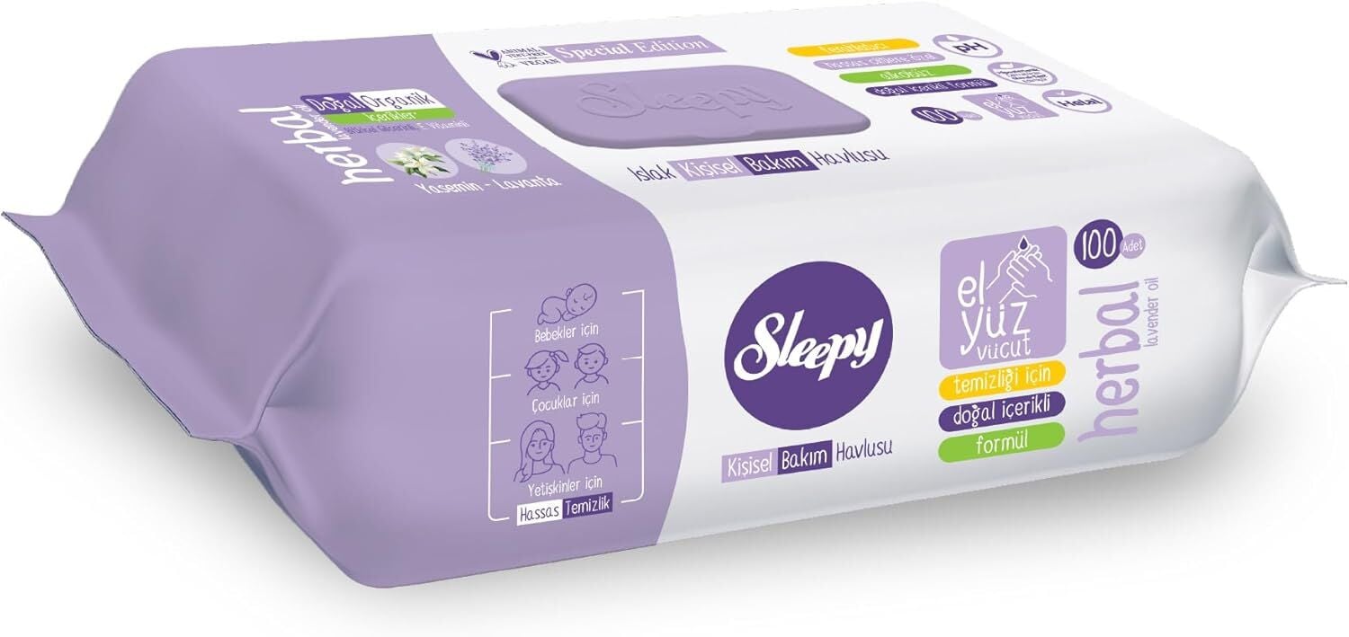 SLEEPY KİŞİSEL BAKIM HAVLUSU 100'LÜ YASEMİN LAVANTA HERBAL EL- YÜZ- VÜCUT KAPAKLI 1*12