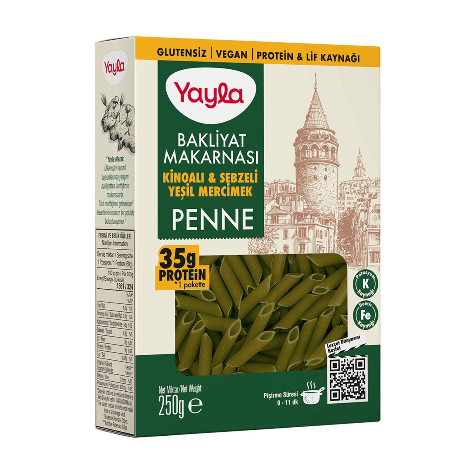 YAYLA MAKARNA BAKLİYAT 250G PENNE KİNOALI & SEBZELİ YEŞİL MERCİMEK 1*12