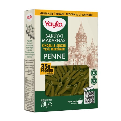 YAYLA MAKARNA BAKLİYAT 250G PENNE KİNOALI & SEBZELİ YEŞİL MERCİMEK 1*12