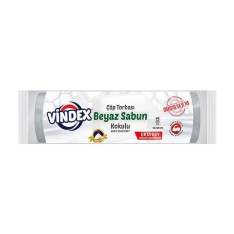 VİNDEX ÇÖP POŞETİ ORTA 15'Lİ BEYAZ SABUN KOKULU 55*60CM 1*25
