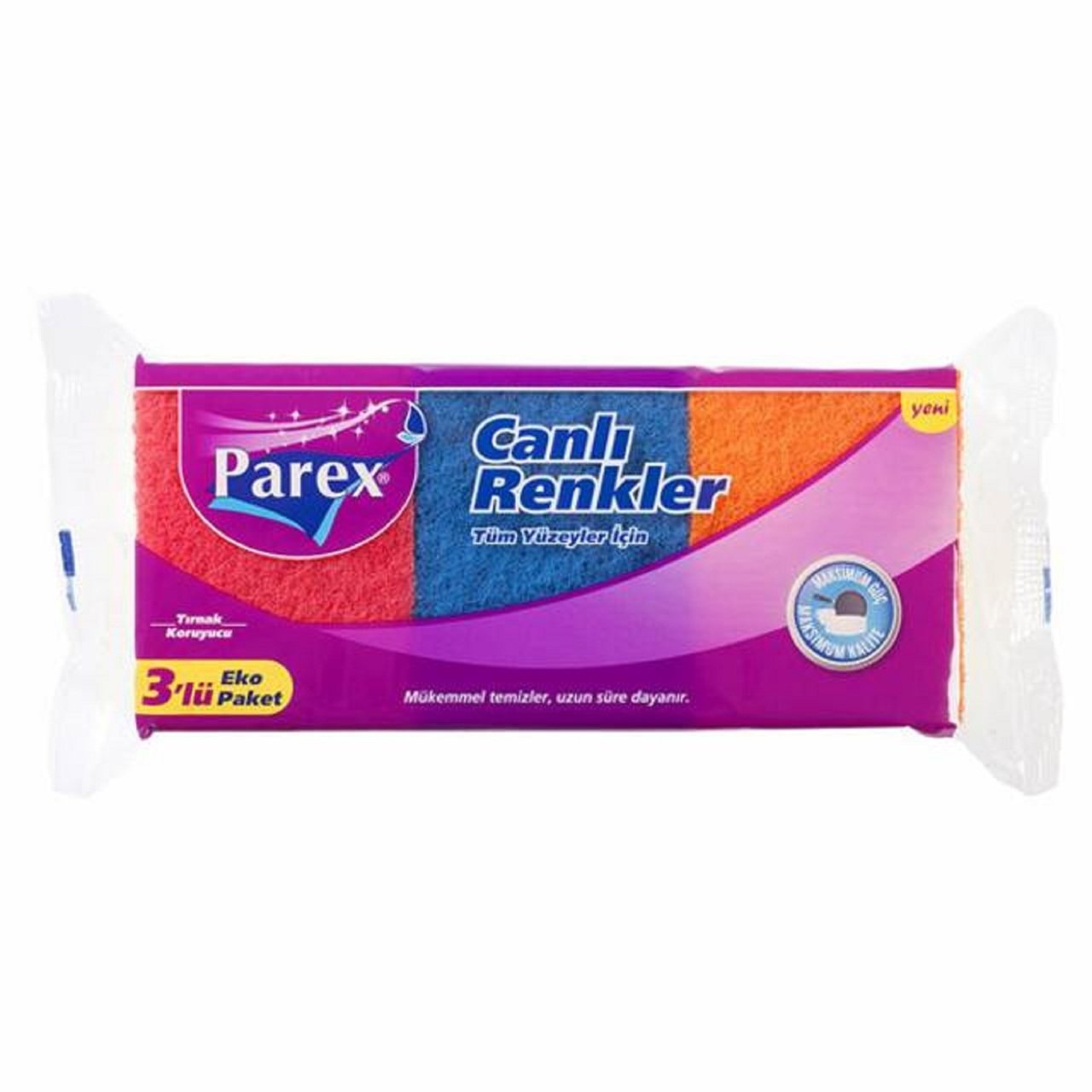PAREX BULAŞIK SÜNGERİ 3'LÜ EKO CANLI RENKLER OLUKLU 1*24