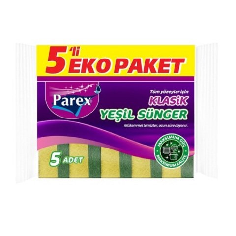 PAREX BULAŞIK SÜNGERİ 5Lİ EKO DÜZ YEŞİL 1*24