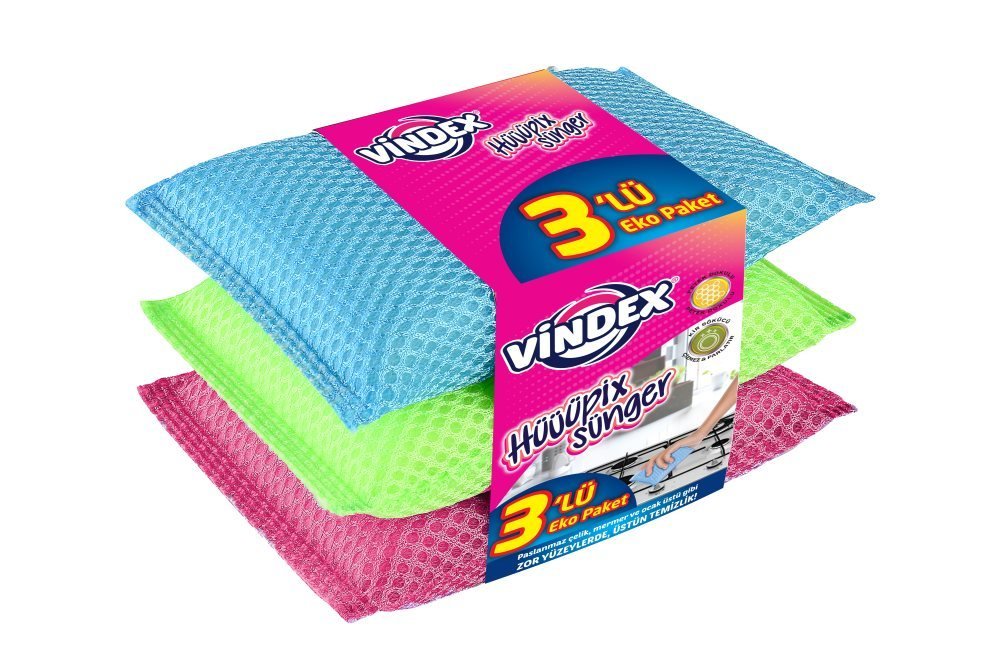 VİNDEX BULAŞIK SÜNGERİ HÜÜÜPİX 3LÜ FİLELİ 1*36